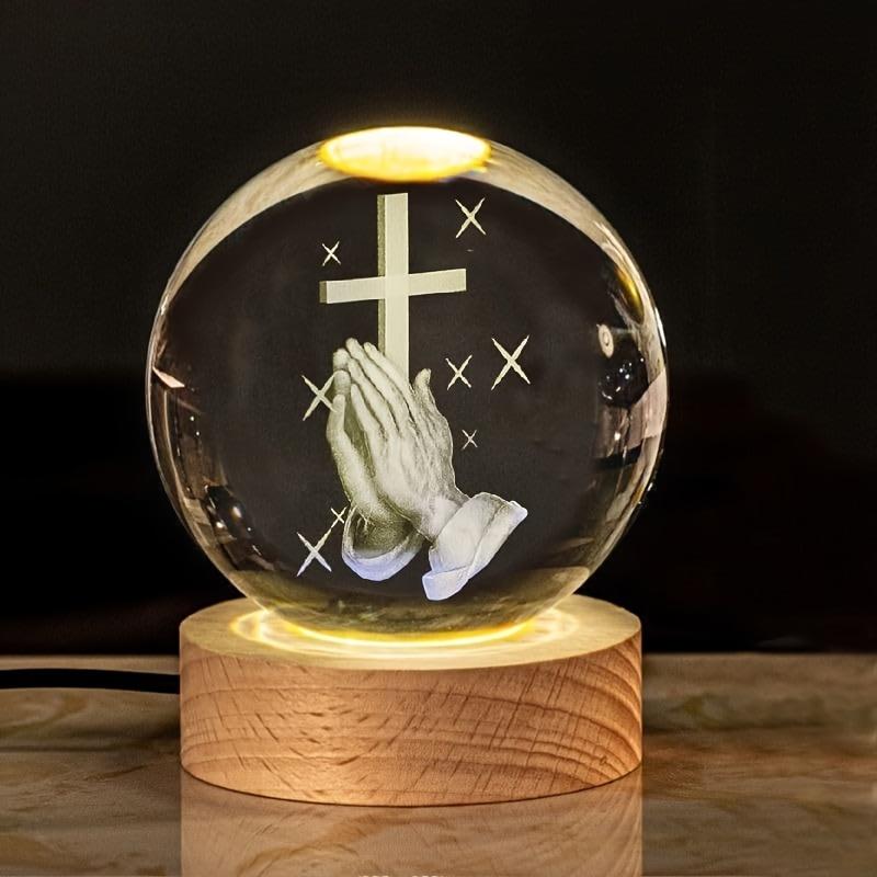3D Engraved Crystal Ball Night Light | LED Wooden Base with Touch Switch - Perfect Gift Symbolizing Christ’s Presence